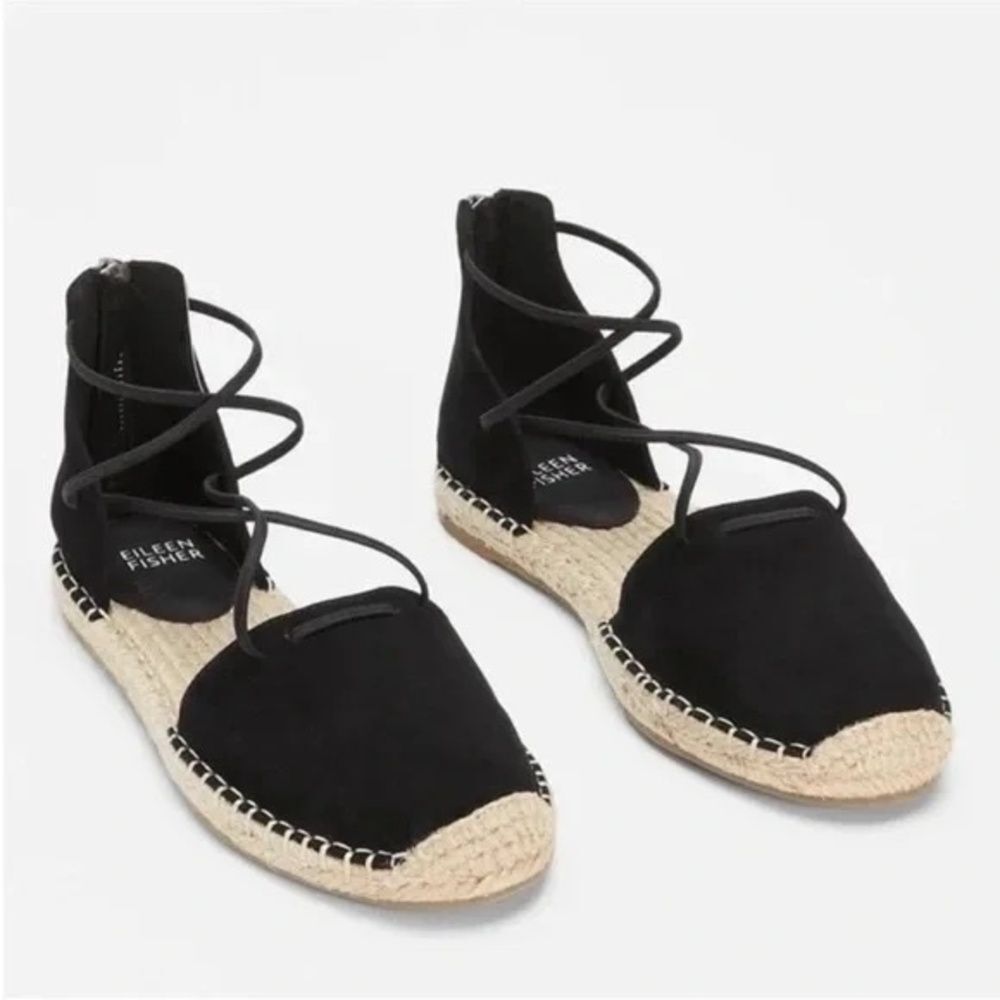Eileen Fisher Espadrille Flat Sandals 7 Lace Up Closed Toe Resort Black Lee